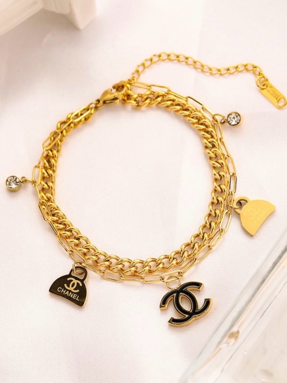 Designer Inspired Gold-Tone CCC Charm Multi-Chain Bracelet